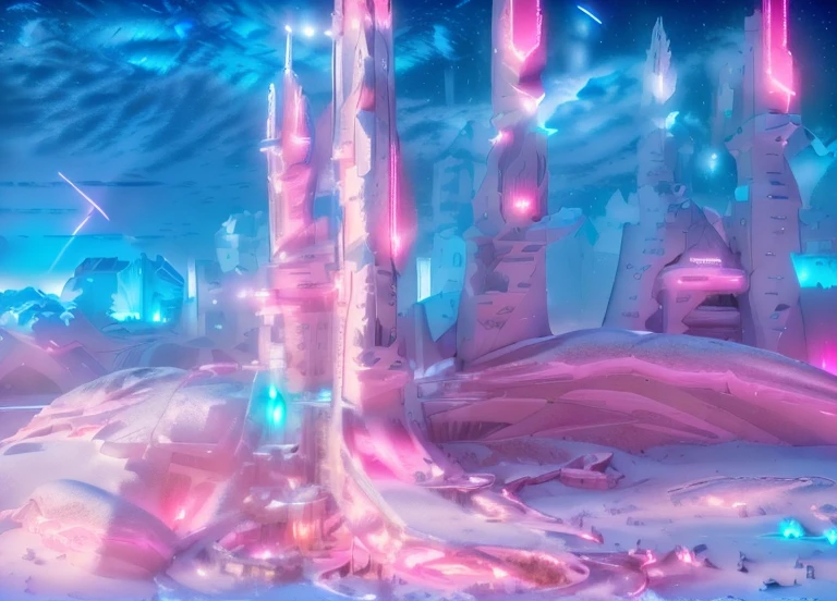 Masterpiece, 12k, uhd, photorealistic, a ultra beautiful suggestive landscape, with snow hills, snow land, futuristic metropolis in background, with skycrapers, night sky with stars, pink boreal aurora in the sky, light neon effects, cyberpunk dreaming atmosphere, (3D rendering buildings), seems real, blue and pink sky and snow colors