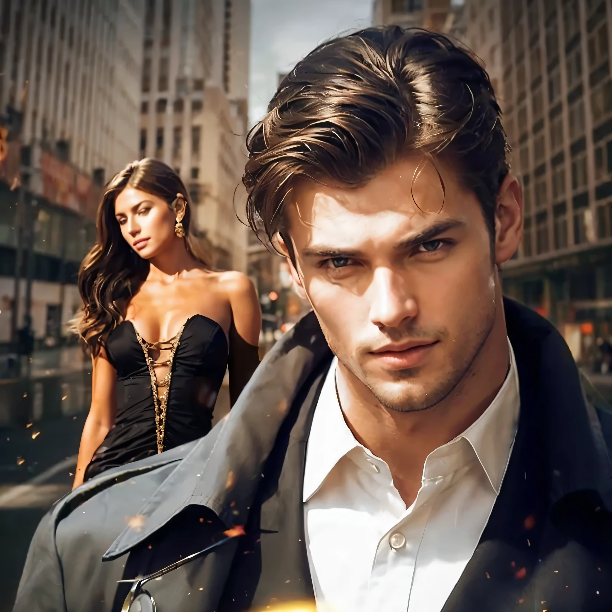 create an image of a handsome male doctor in a city, a blonde woman behind him in a wonderful dress. He is wearing doctor clothes. Very handsome. Gold theme. Vivid colors. 