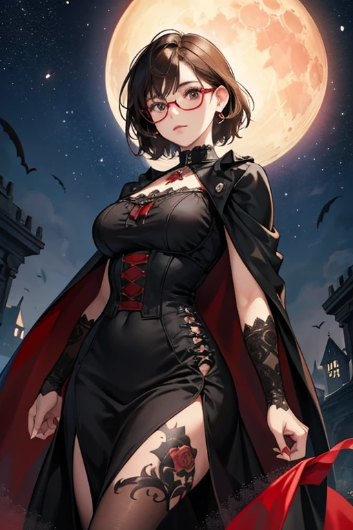Chubby girl, short hair, brown hair, collar, tattoo, curvy waist, wearing glasses, gothic style, sorrow, black long dress, red cape, moon and stars, rose, cruel