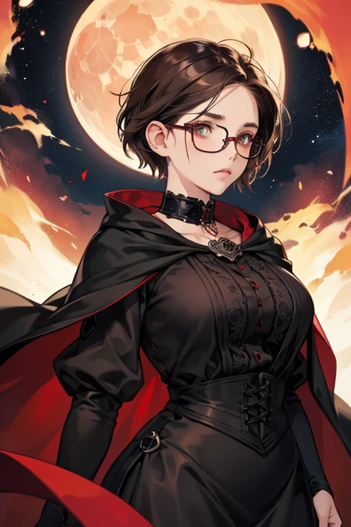 Chubby girl, short hair, brown hair, collar, tattoo, curvy waist, wearing glasses, gothic style, sorrow, black long dress, red cape, moon and stars, rose, cruel