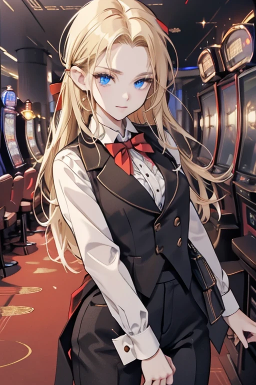 masterpiece, highest quality, Very detailed, 16k,  Ultra-high resolution, Cowboy Shot, Detailed face, Perfect Fingers, 20-year-old woman, a beautiful woman dressed as a man, Slender, blue eyes, Slanted Eyes, blonde, (Black tuxedo:1.3), (Red bow tie:1.3), (Black trousers:1.3), suit thug, casino, She works as a casino dealer, Spin Roulette