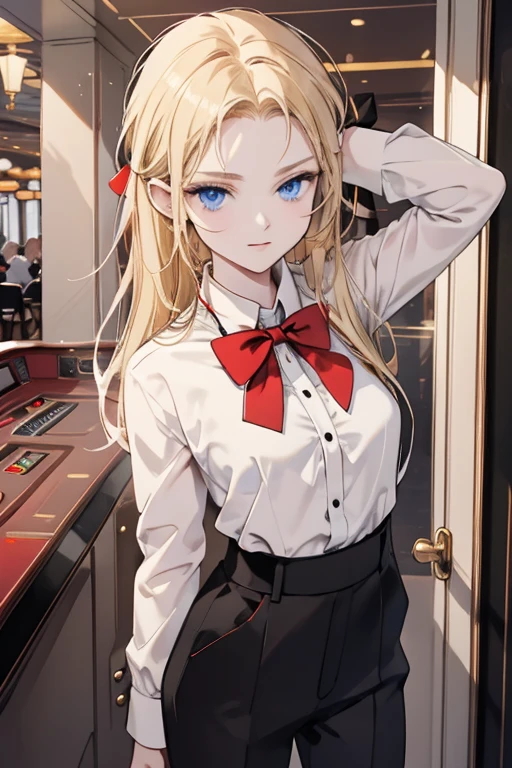 masterpiece, highest quality, Very detailed, 16k,  Ultra-high resolution, Cowboy Shot, Detailed face, Perfect Fingers, 20-year-old woman, a beautiful woman dressed as a man, Slender, blue eyes, Slanted Eyes, blonde, (Black tuxedo:1.3), (Red bow tie:1.3), (Black trousers:1.3), suit thug, casino, She works as a casino dealer, Spin Roulette