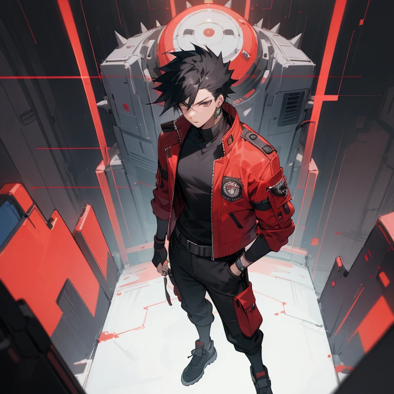 ((highest quality)), ((masterpiece)), (be familiar with), 1 male, alone, Black Hair,Spiky Hair,cargo pants,Red jacket,Black Shirt,Large,Fingerless Gloves, cyber punk,SF