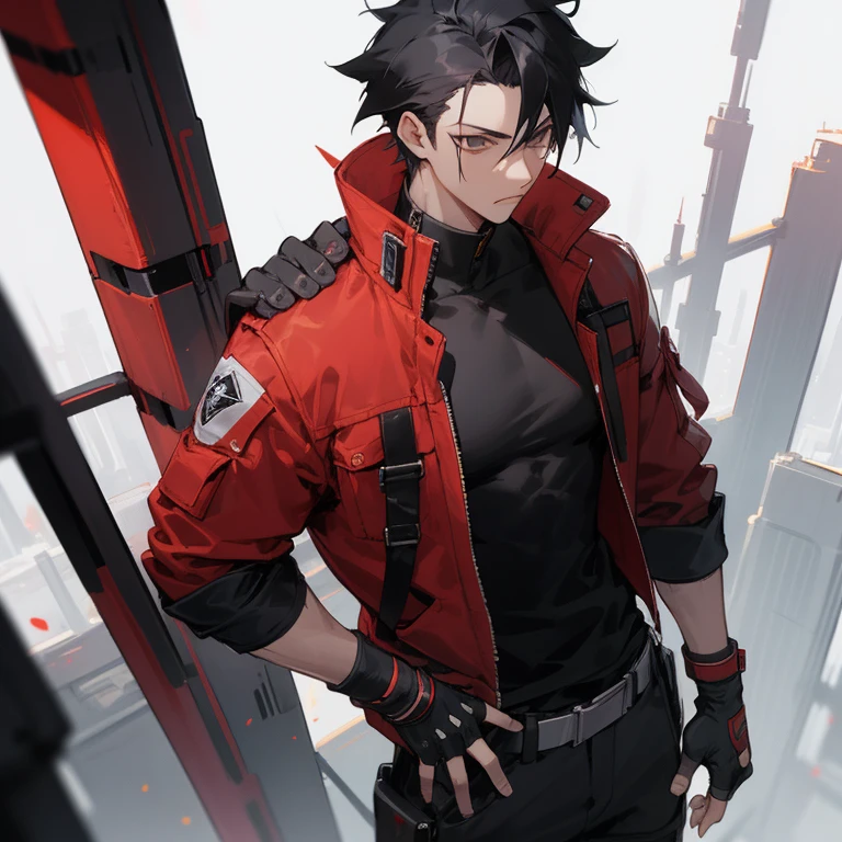 ((highest quality)), ((masterpiece)), (be familiar with), 1 male, alone, Black Hair,Spiky Hair,cargo pants,Red jacket,Black Shirt,Large,Fingerless Gloves, cyber punk,SF