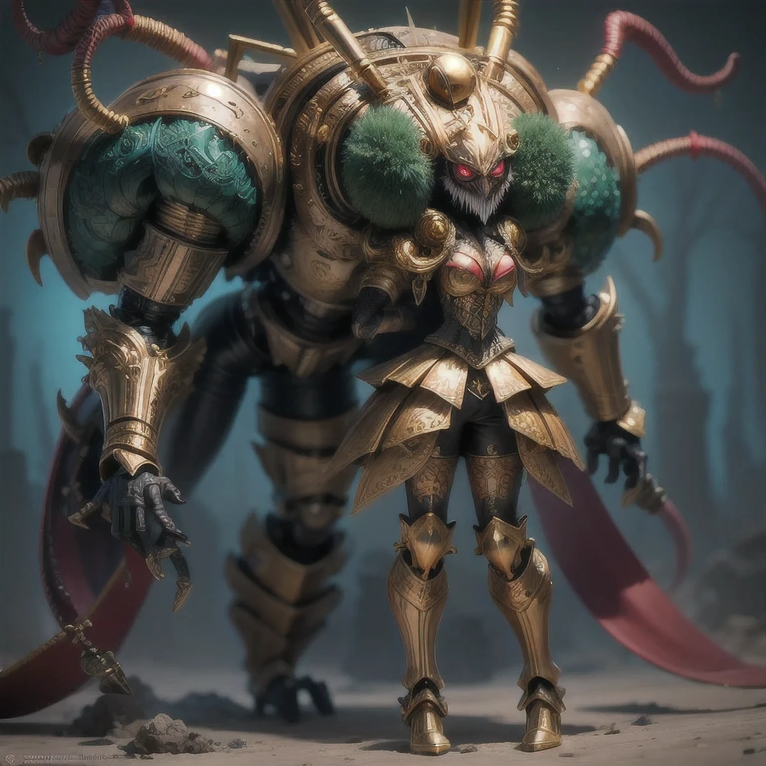 a close up of a golden spider with a royal green emerald body and legs, steampunk spider, Mechanical spider red and cobalt blue legs, arachnid, lolth, arachne, spider, steampunk robot scorpion, highly detailed barlowe 8 k, Bright orange legs large, sculpture made of gold, by Hiroyuki Tajima, full samurai armor spiderman, giger spider joker, insectoid,(((Degenerator )))