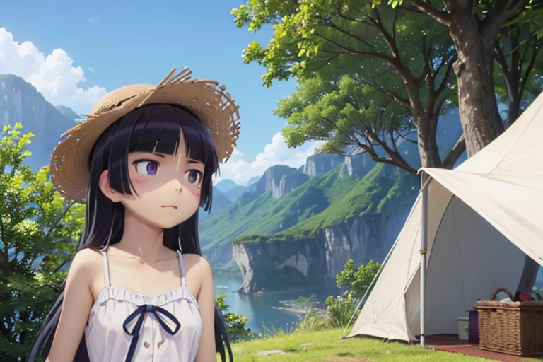 ((ruri gokou)), long hair, blush, black hair, 1girl, pants, mole, mole under eye, (Straw hat), Awning hat, (sundress), dress, (white dress), Outdoor, camp, Beautiful Mountain々, background, The set up tent, clear々A beautiful morning, Light shines in, In front of the tent, coffee, Have fun, landscape, nature, quiet, picnic, Relaxation, refreshing, early morning, Calm, scenery, relax, fresh, Morning, Sunrise, hiking, Adventure, blue sky, fresh air, Journey, Majestic, Lush