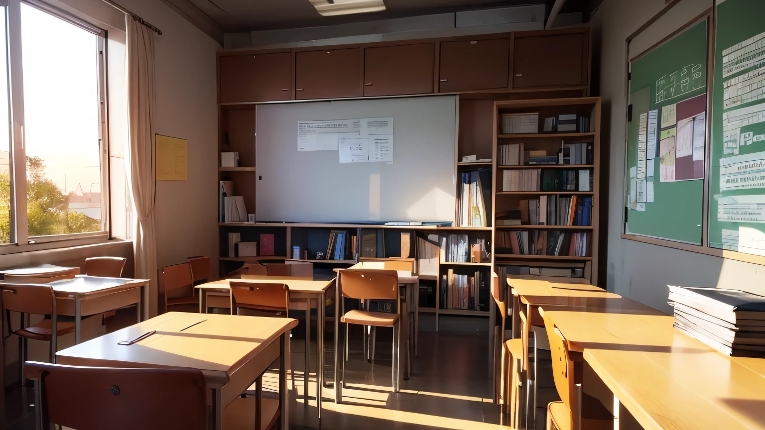The desk is piled with books and papers，Chinese classroom at sunset，