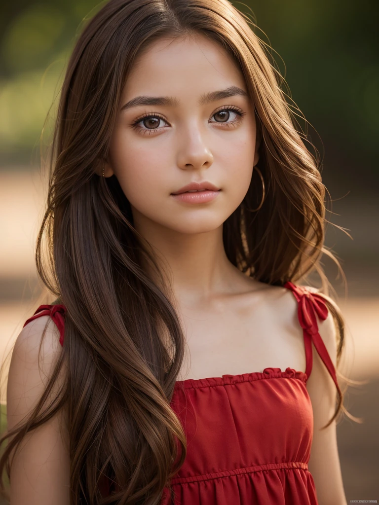 a detailed portrait of a young girl with long brown hair, fair skin, and light brown eyes, wearing a red dress with a red bow in her hair, 8k resolution, realistic human skin, photorealistic, highly detailed, masterpiece, studio lighting, physically-based rendering, sharp focus, vivid colors, extremely detailed face and eyes, long eyelashes, natural lighting, warm color palette