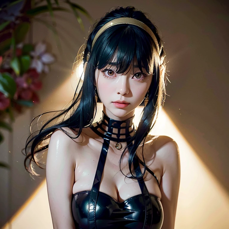 a beautiful young girl with large, expressive eyes, delicate facial features, and fluffy chestnut hair posing confidently while wearing a Spy x Family Yol Forger costume, the image captured as a high-quality, realistic SLR photograph with exceptional detail, vivid colors, and perfect balance, showcasing the girl's striking beauty and the intricate costume design, the lighting and composition drawing the viewer's attention to the subject's captivating gaze.