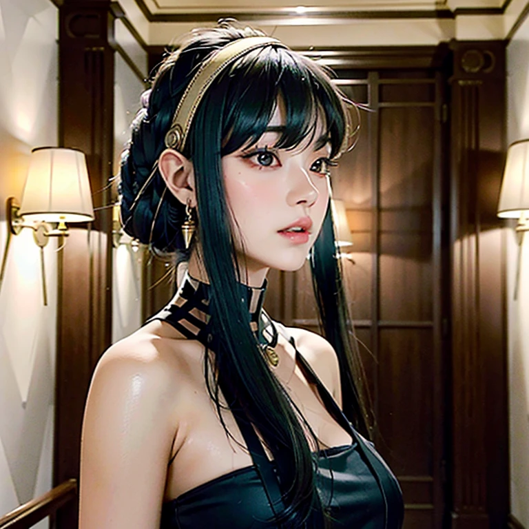 a beautiful young girl with large, expressive eyes, delicate facial features, and fluffy chestnut hair posing confidently while wearing a Spy x Family Yol Forger costume, the image captured as a high-quality, realistic SLR photograph with exceptional detail, vivid colors, and perfect balance, showcasing the girl's striking beauty and the intricate costume design, the lighting and composition drawing the viewer's attention to the subject's captivating gaze.