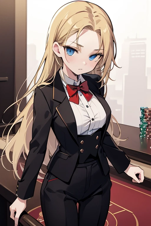 masterpiece, highest quality, Very detailed, 16k, Ultra-high resolution, Cowboy Shot, Detailed face, Perfect Fingers, 20-year-old woman, a beautiful woman dressed as a man, Slender, blue eyes, Slanted Eyes, blonde, (Black tuxedo:1.3), (Red bow tie:1.3), (Black trousers:1.3), suit thug, casino, She works as a casino dealer, Spin Roulette