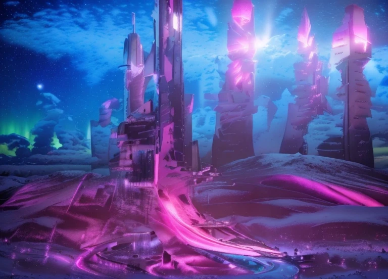 Masterpiece, 12k, uhd, photorealistic, a ultra beautiful suggestive landscape, with snow hills, snow land, futuristic metropolis in background, with skycrapers, night sky with stars, pink boreal aurora in the sky, light neon effects, cyberpunk dreaming atmosphere, (3D rendering buildings), seems real, blue and pink sky and snow colors
