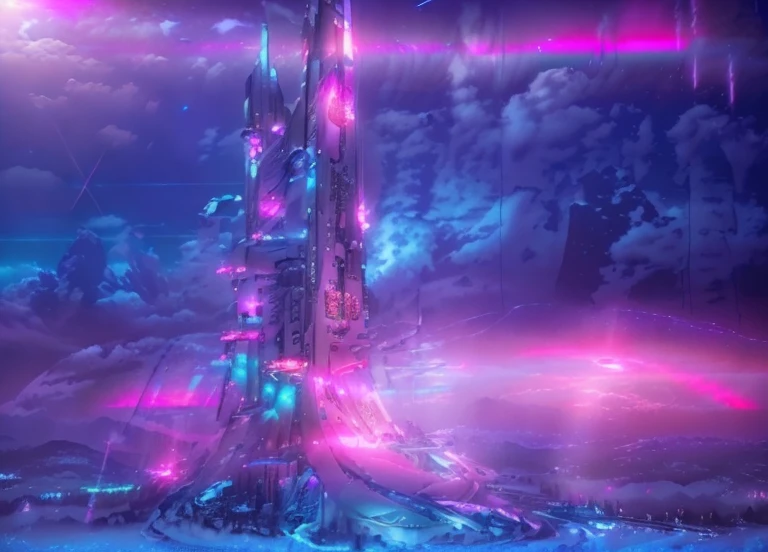 Masterpiece, 12k, uhd, photorealistic, a ultra beautiful suggestive landscape, with snow hills, snow land, futuristic metropolis in background, with skycrapers, night sky with stars, pink boreal aurora in the sky, light neon effects, cyberpunk dreaming atmosphere, (3D rendering buildings), seems real, blue and pink sky and snow colors