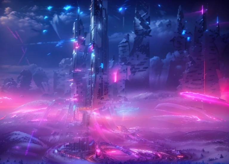 Masterpiece, 12k, uhd, photorealistic, a ultra beautiful suggestive landscape, with snow hills, snow land, futuristic metropolis in background, with skycrapers, night sky with stars, pink boreal aurora in the sky, light neon effects, cyberpunk dreaming atmosphere, (3D rendering buildings), seems real, blue and pink sky and snow colors