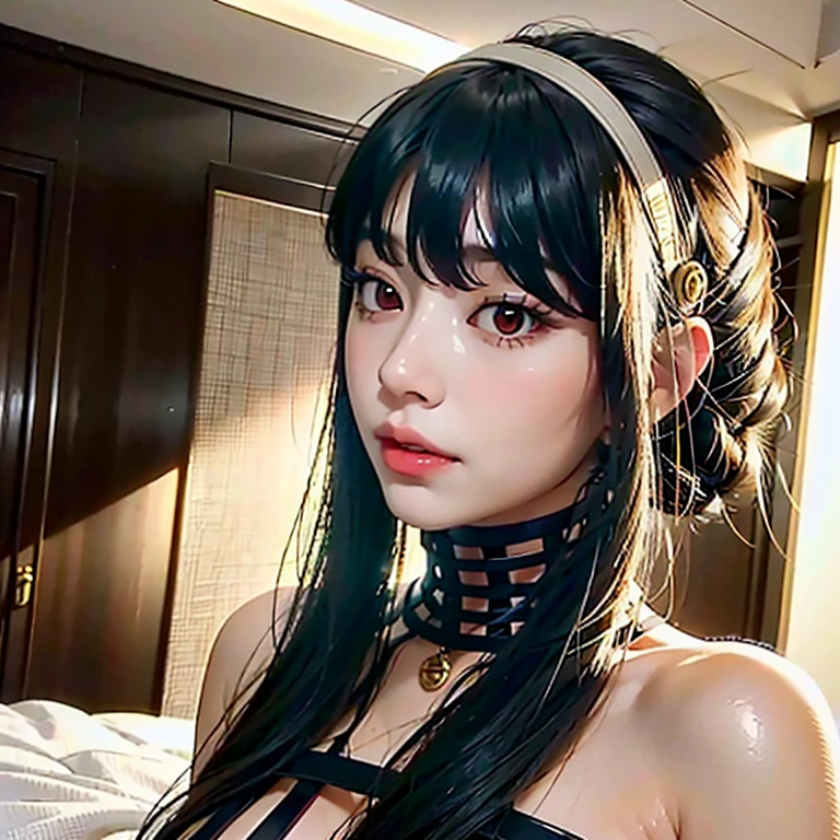 a beautiful young girl with large, expressive eyes, delicate facial features, and fluffy chestnut hair posing confidently while wearing a Spy x Family Yol Forger costume, the image captured as a high-quality, realistic SLR photograph with exceptional detail, vivid colors, and perfect balance, showcasing the girl's striking beauty and the intricate costume design, the lighting and composition drawing the viewer's attention to the subject's captivating gaze.