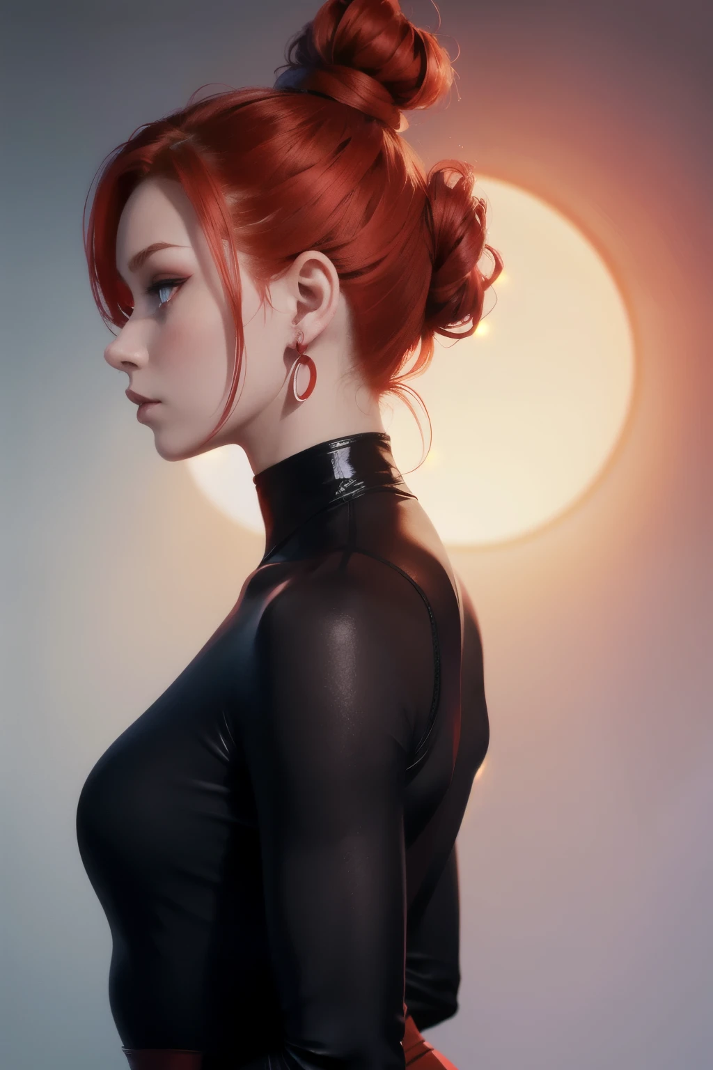girl with ballerina buns red hair, red eyes, futuristic vibes, front profile view, earings, 8k, high quality, simple background, glowing eyes, nice pose, loomis method of drawing head