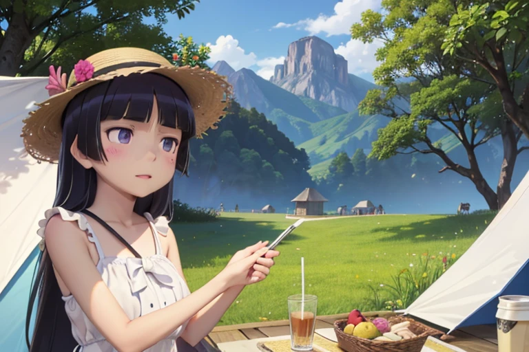 ((ruri gokou)), long hair, blush, black hair, 1girl, pants, mole, mole under eye, (Straw hat), Awning hat, (sundress), dress, (white dress), Outdoor, camp, Beautiful Mountain々, background, The set up tent, clear々A beautiful morning, Light shines in, In front of the tent, coffee, Have fun, landscape, nature, quiet, picnic, Relaxation, refreshing, early morning, Calm, scenery, relax, fresh, Morning, Sunrise, hiking, Adventure, blue sky, fresh air, Journey, Majestic, Lush