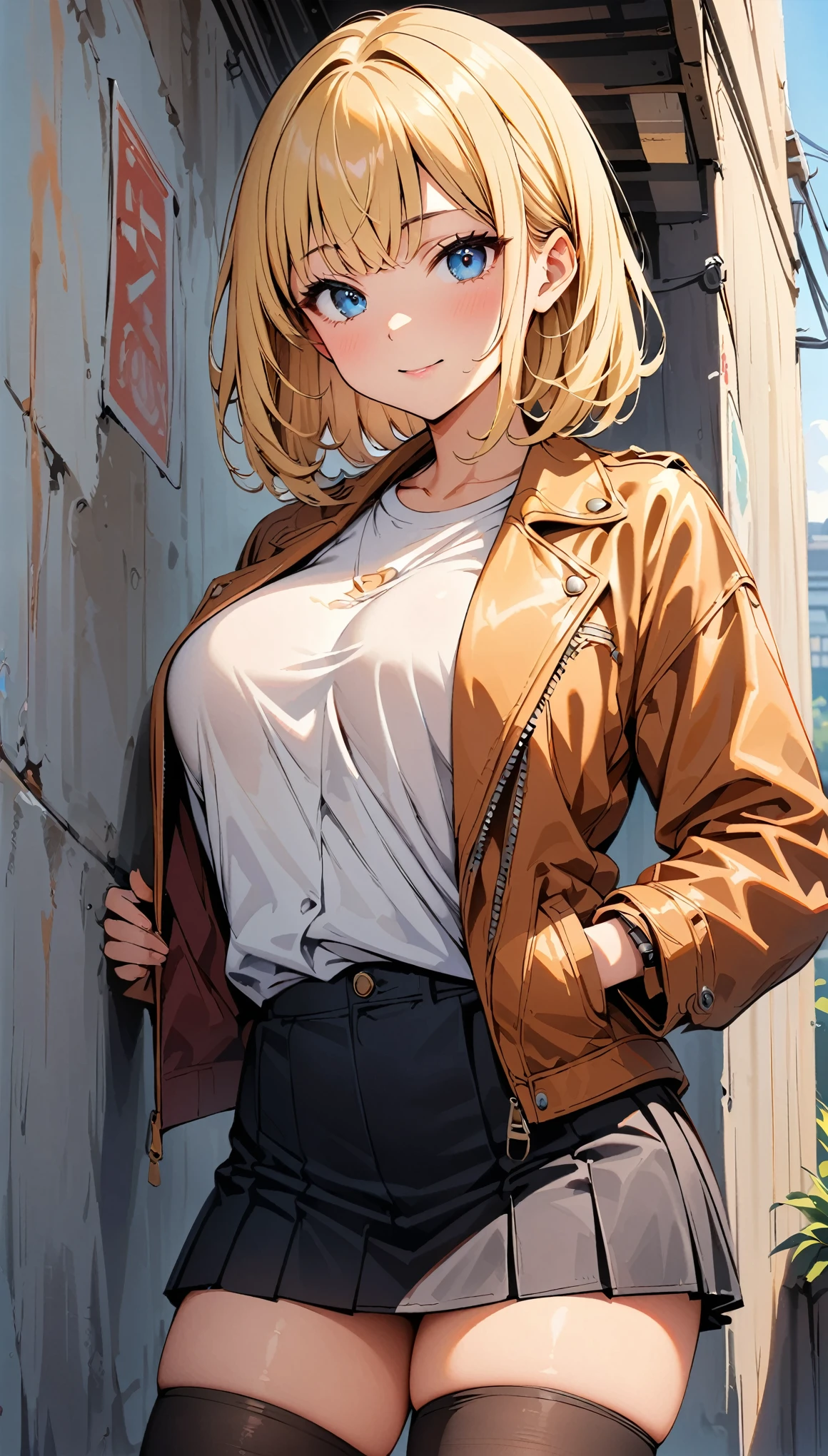 (highest quality, 4K, 8K High Resolution, masterpiece:1.2), Very detailed, one person, woman, (blonde, Medium Hair, Bobcut, blue eyes), Standing pose, Sexy vibe, Attractive breasts, Large Breastagic Hour, (leather jacket, mini skirt, Black Stockings), Emphasis on individuality and uniqueness, Beautiful and beautiful eyes, Beautiful lip detail, Long eyelashes, Bright colors, Photo Spot, In front of a white wall, Cowboy Shot, Soft and warm color palette.