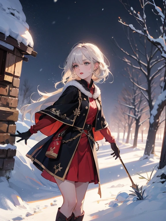 Elania Haywind,Highest image quality,Outstanding details,Ultra-high resolution,(Honesty:1.4), Attention to detail,Features,dawn,snow,winter,Behind is the wizard's sword,He has a delicate and beautiful face,((Red and white semi-mechanical body:1.8)),Sexy highlighted,front,cyberpunk characters,Futuristic,mechanical aesthetics,Virtual Engine 5,Perfectly detailed rendering,Octane Rendering,Ultra HD