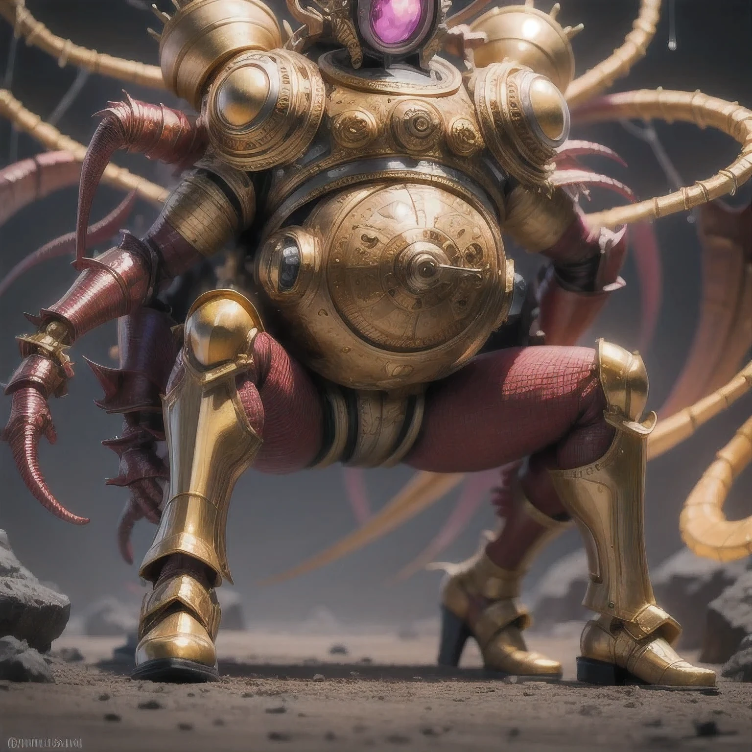 a close up of a golden spider with a purple-pink body and legs, steampunk spider, Mechanical spider red and white legs, arachnid, lolth, arachne, spider, steampunk robot scorpion, highly detailed barlowe 8 k, Bright orange legs large, sculpture made of gold, by Hiroyuki Tajima, full samurai armor spiderman, giger spider joker, insectoid,(((Degenerator )))