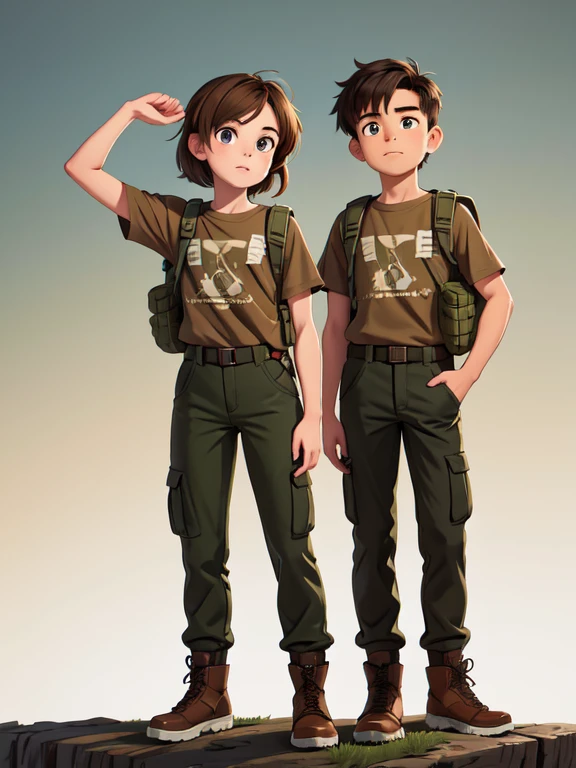 book cover, masterpiece, Two agers: boy and girl, Brother and sister, Exact resemblance (twins), ((characters are the same height)), semi-long very tousled brown tousled hair, identical round beautiful feminine faces, Brown eyes, long eyelashes, same athletic build, developed proportional muscles, T-shirt in camouflage tones, military style trousers with patch pockets, massive high infantry boots, backpack; dynamic pose, Standing next to you, (Survival)