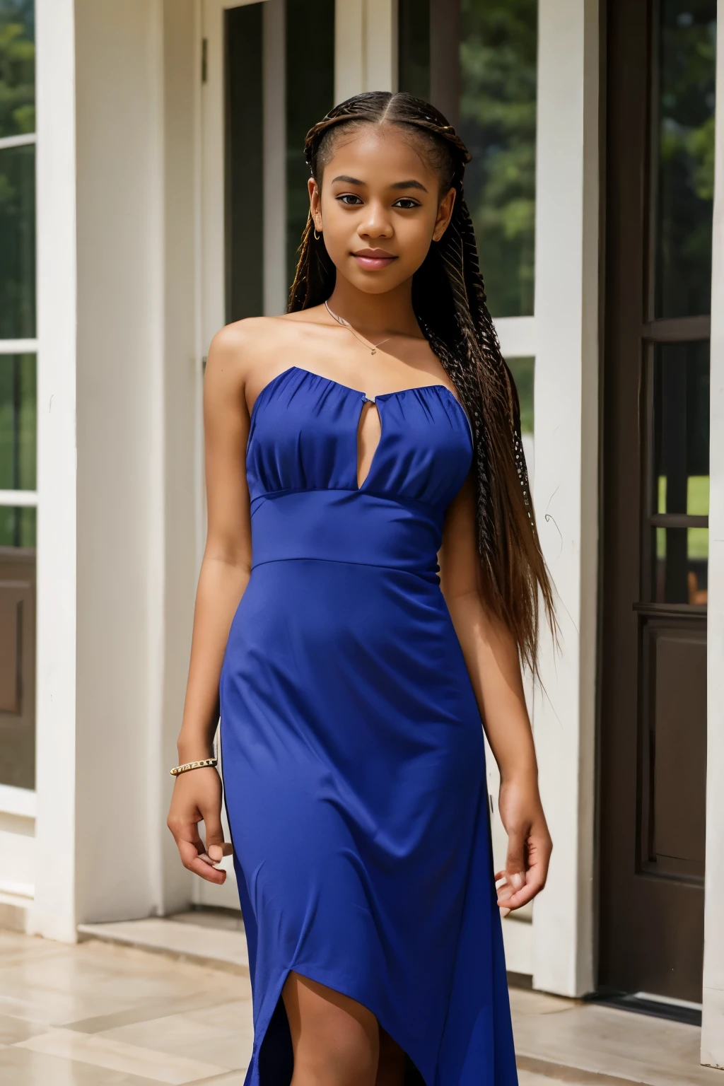 hatian girl, 3/4 picture, super long braided hair, dress, , teen