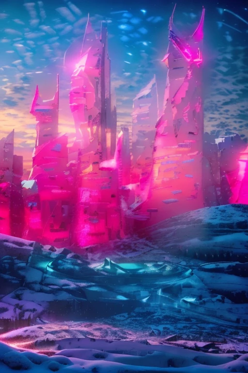 Masterpiece, 12k, uhd, photorealistic, a ultra beautiful suggestive landscape, with snow hills, snow land, futuristic metropolis in background, with skycrapers, night sky with stars, pink boreal aurora in the sky, light neon effects, cyberpunk dreaming atmosphere, (3D rendering buildings), seems real, blue and pink sky and snow colors