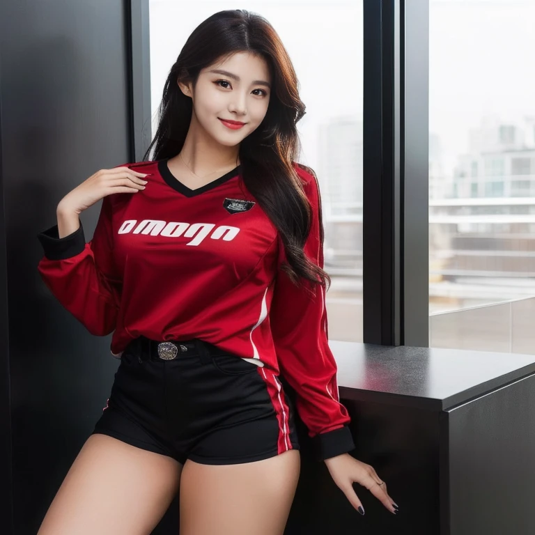 Asian woman with ponytail,Dressed in a red shirt and black shorts, she poses for a photo., in red and black, IG model | RTM germs, red and black suit, Korean girl, Tzuyu from two times, red and black, Red dress, Wear a volleyball shirt., หญิงKorean girlที่งดงาม, red black, Sporty, Lee Ji Eun, Lee Ji-eun