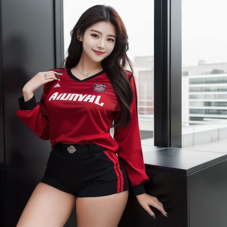 Asian woman with ponytail,Dressed in a red shirt and black shorts, she poses for a photo., in red and black, IG model | RTM germs, red and black suit, Korean girl, Tzuyu from two times, red and black, Red dress, Wear a volleyball shirt., หญิงKorean girlที่งดงาม, red black, Sporty, Lee Ji Eun, Lee Ji-eun