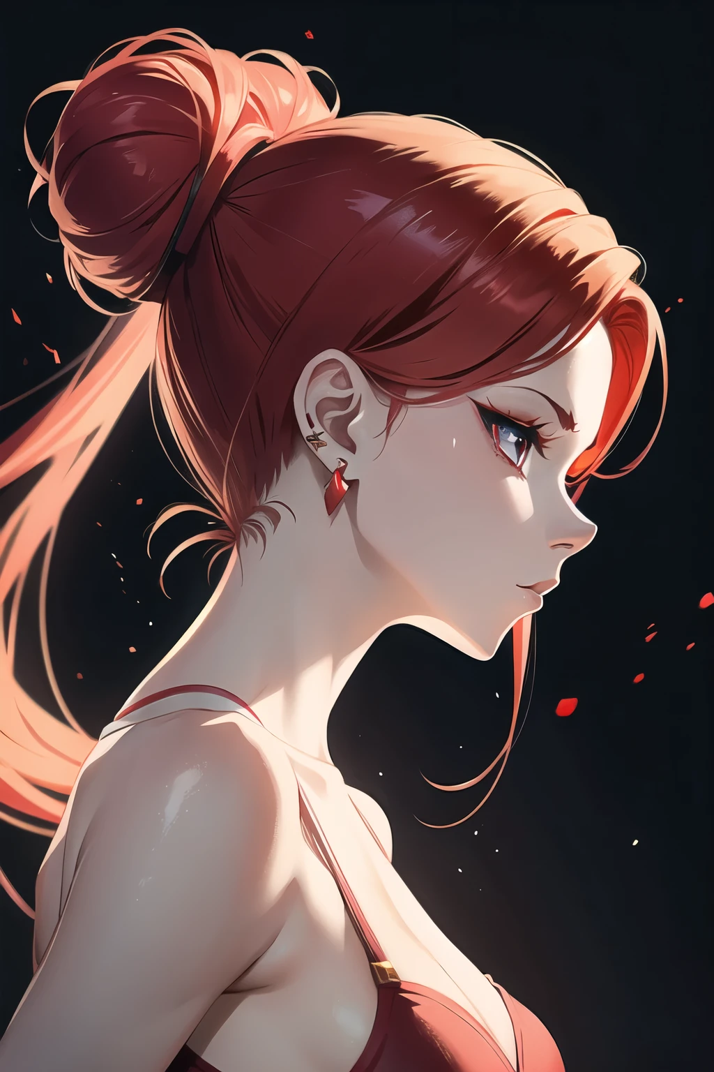 girl with ballerina buns red hair, red eyes, futuristic vibes, side profile view, earings, 8k, high quality, simple background, glowing eyes, nice pose