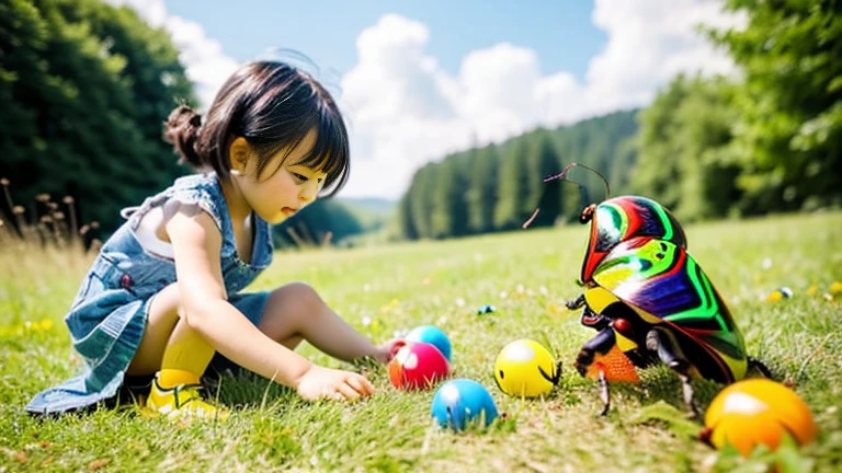 Children playing with beautiful beetles in the grassland、Children playing with beautiful beetles in the grassland、Colorful Mushiking