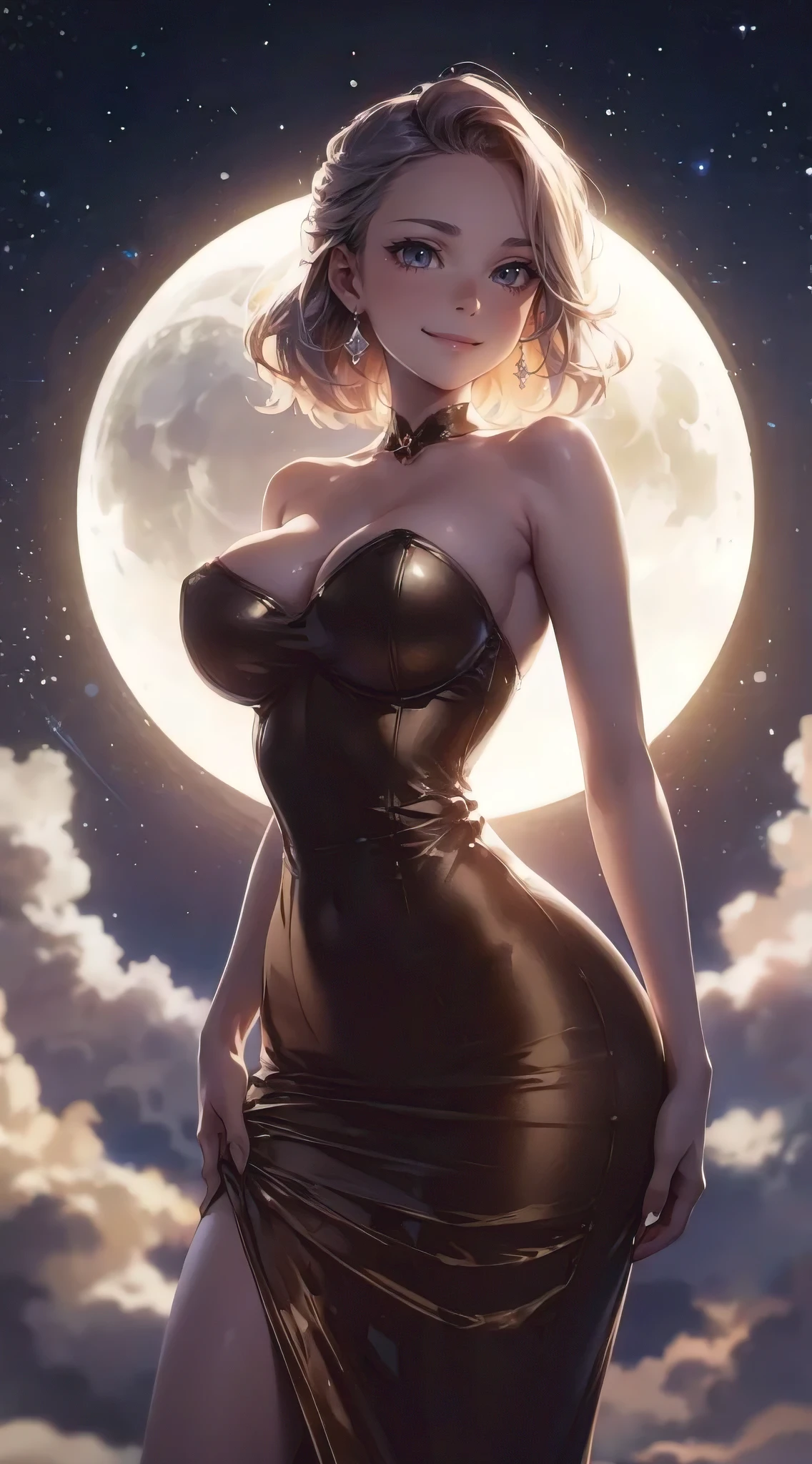 A stunning, photorealistic anime illustration of a woman with perfect body proportions, showcasing a busty and voluptuous figure. She is wearing a slinky, form-fitting dress that highlights her slim waist and curves. The moonlight illuminates her silhouette, casting a soft glow on her skin. The background is a dreamy, star-filled sky, creating a sense of enchantment and allure., illustration, anime