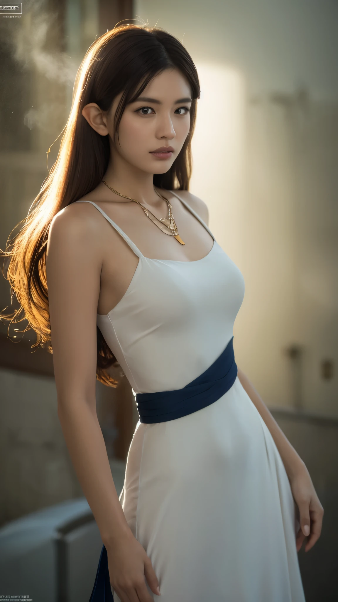 Waist shot of a female elf, complicated, Narrow Face, elegant, Wearing a sapphire necklace, White lightweight dress with straps, To the camera, Very detailed, Digital Painting, Art Station, Concept Art, Smooth, Sharp focus, figure, ArtJam、Greg Rutkowski、Art by Alphonse Mucha, 8k, Volumetric Fog, bloom, light, lumen, Crank blur