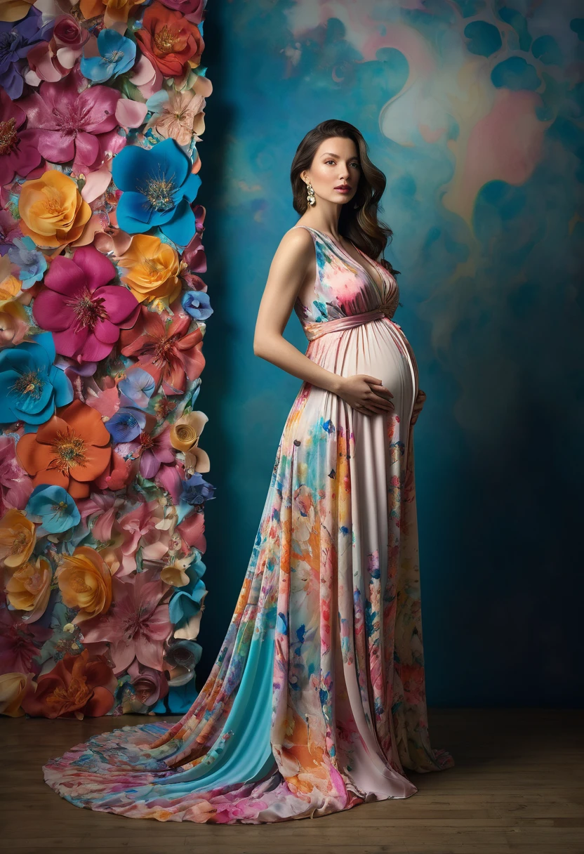 pregnant woman in a flower floral colorful dress posing for a picture, cover shot, backdrop with Paper marbling
pattern , Persian pattern , “hyper realistic, cover. photo : david roemer, flowing gown, soft elegant gown, draped in flowing fabric, award winning studio photo, endless flowing ethereal drapery, beautiful gown, ellie victoria gale, gown, award winning fashion photo, cait miers, monia merlo