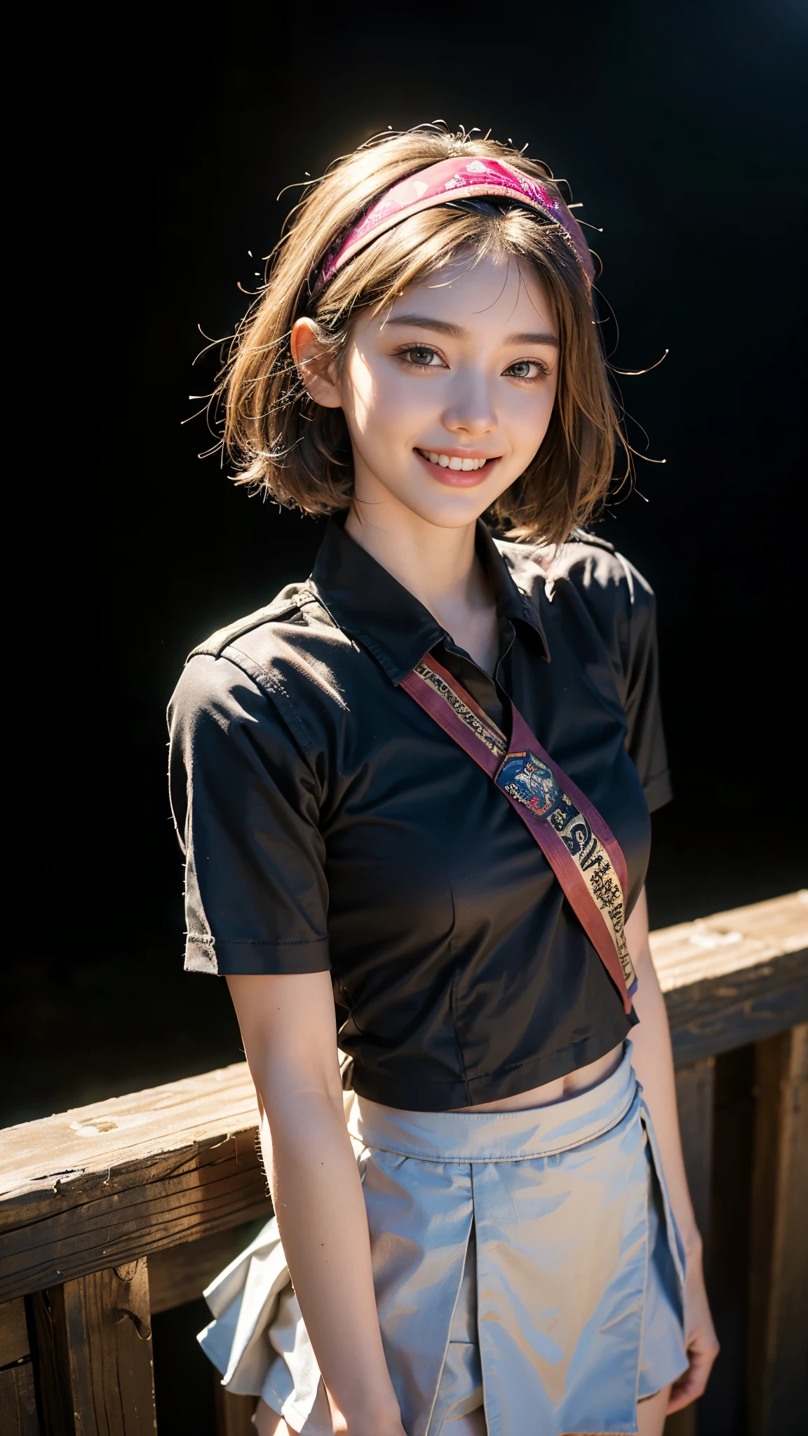 highest quality, masterpiece, Ultra-high resolution,8k, (Realistic:1.6), (Facing portraits) RAW Photos, 1 girl, 22 years old,((Miniskirt Uniform)),((short hair)),((Wear a bandana on your head)),((Looking up at the audience)),Realistic,((Simple solid color background)), Image Media Chest)),((Smiling with teeth showing)),
