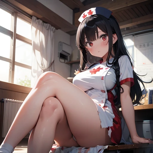 One girl、Clear skin、Beautiful Face、Beautiful eyes、Black Hair、Shaggy、Bangs that cover one eye、Red eyes、Slanted Eyes、(Shoot from the front)、Curvaceous、(Nurse uniform torn clothes:1.3)、(Large Breasts:1.2)、(Crossing your legs:1.3)、Sitting in a chair、Down to the last detail、Perfect Anatomy、Mastepiece、Ultra High Quality、High resolution、8k、