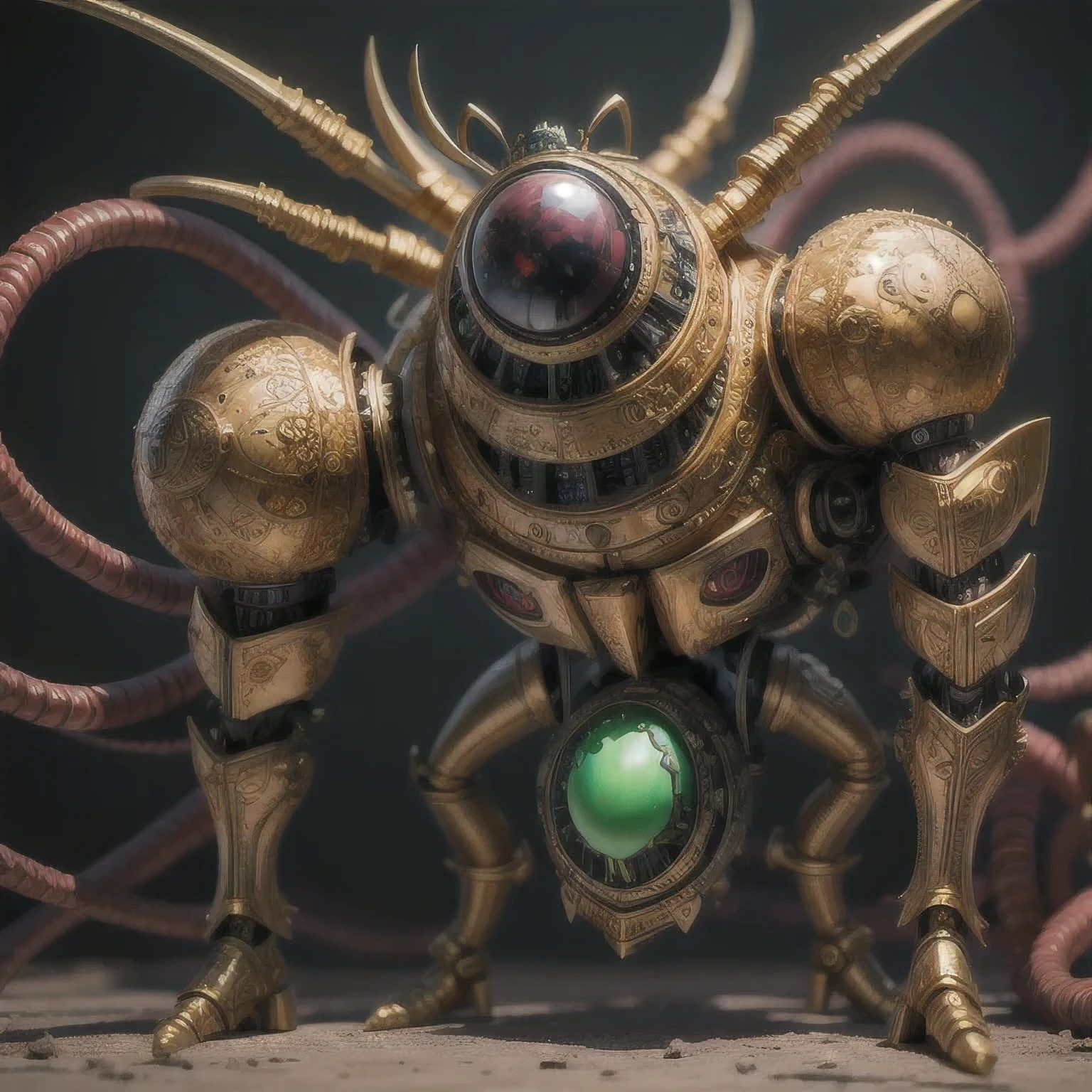 a close up of a golden spider with a royal green emerald body and legs, steampunk spider, Mechanical spider red and cobalt blue legs, arachnid, lolth, arachne, spider, steampunk robot scorpion, highly detailed barlowe 8 k, Bright orange legs large, sculpture made of gold, by Hiroyuki Tajima, full samurai armor spiderman, giger spider joker, insectoid,(((Degenerator )))