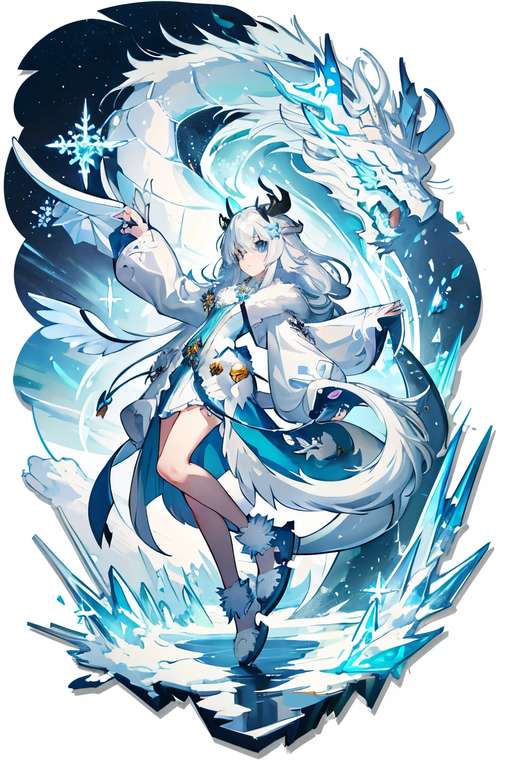 1girl, medium chest, long white hair, flowing hair, messy hair, bangs, hair between eyes, blue eyes, icy blue eyes, tall stature, yeti ears, white fur, fluffy fur, snowflake hairpin, cold expression, serious expression, frosty patterns, snowflake patterns, long sleeves, fur-trimmed cuffs, ice crystal necklace, blue dress, snowflake patterns, floor-length dress, snow, blizzard, wind, arctic, iceberg, alaska, masterpiece, best quality, official art, extremely detailed CG unity 8k wallpaper, artbook, (dragon-born, snow dragon, horns, dragon horns, little dragon wings, little dragon wings on back, dragon wings, small dragoon horns, horns on head), (princess, princess clothing, alaska princess, viking princess, dragon princess, young adult)