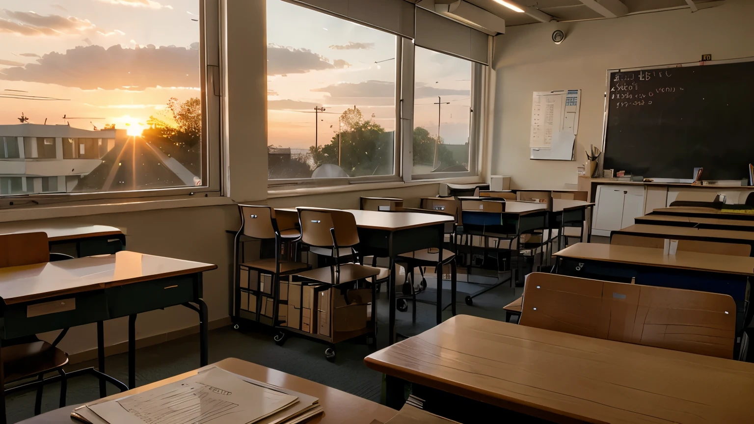 Classroom at sunset，The desk is piled with books and papers