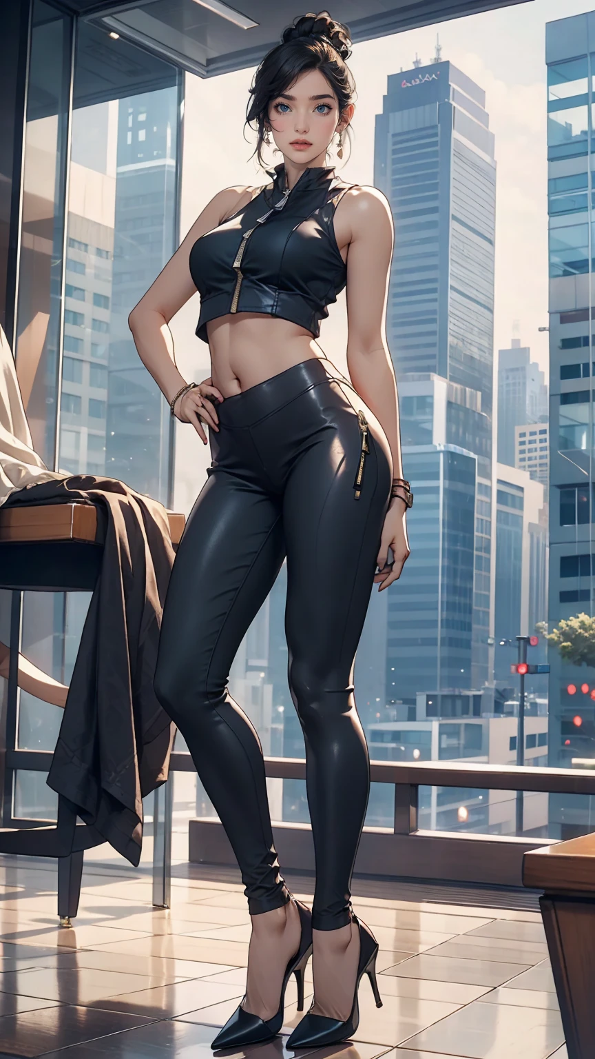 25 year old Caucasian female、Outstanding proportions、Wear a high-necked top with a zipper、I can see my belly button、Wear low rise leggings、Skyscraper Background、Wear stiletto heels、smile