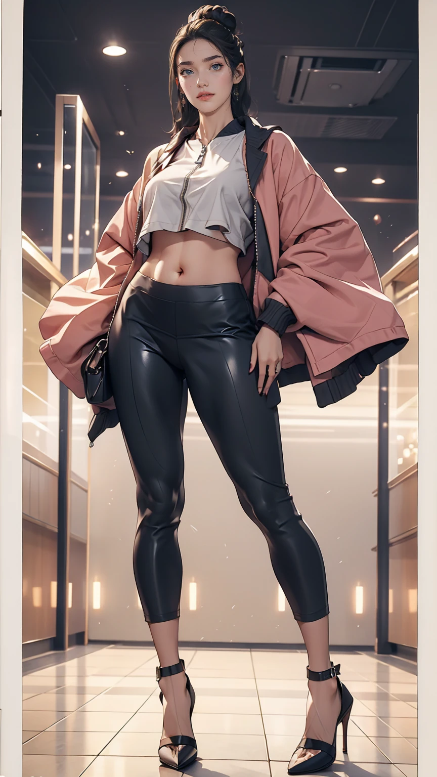 ((Courtney Hope)), crimson red hair, short ponytail, wavy hair, single sidelock, low ponytail, Jesse Faden from CONTROL, Slim lightly toned build, (Small-medium bust:1.25), (Pokie nipples), (strong glutes), best hands, perfect hands, flawless skin, anatomically correct, BREAK: (black) Fitted motorcycle/bomber jacket 1/4 cropped, (skin tight (red) micro bikini top under jacket:1.35), (black:1.3) bodycon jeans, black leather motorcycle boots, (holding 'Service Weapon':1.3), BREAK: (full length portrait), 1/4 turned away, (mid-stride running pose:1.4), wide shot, UHD, 16k, best quality, masterpiece, BREAK: (distorted brutalist) office interior, warpped 1960s era office interior, brutalist design elements and white concrete walls