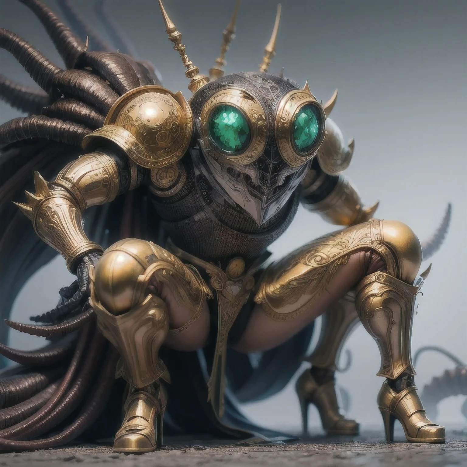 a close up of a golden spider with a royal green emerald body and legs, steampunk spider, Mechanical spider red and cobalt blue legs, arachnid, lolth, arachne, spider, steampunk robot scorpion, highly detailed barlowe 8 k, Bright orange legs large, sculpture made of gold, by Hiroyuki Tajima, full samurai armor spiderman, giger spider joker, insectoid，（（（Degenerator ）））