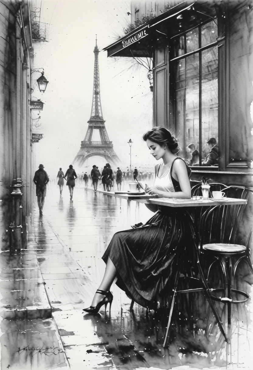 Charcoal drawing, crayons, black pencil drawing, pencil drawing, black and white drawing, graphite drawing, Poster, close-up, Full length, stunningly beautiful young woman sitting in a Parisian street cafe, portrait by Willem Henraets, watercolor, wet-on-wet and splatter technique, center, perfect composition, abstraction, surrealism Charcoal drawing, painting in the style of artists such as Russ Mills, Sakimichan, Vlop, Leush, Artgerm, Darek Zabrocki and Jean-Baptiste Monge,