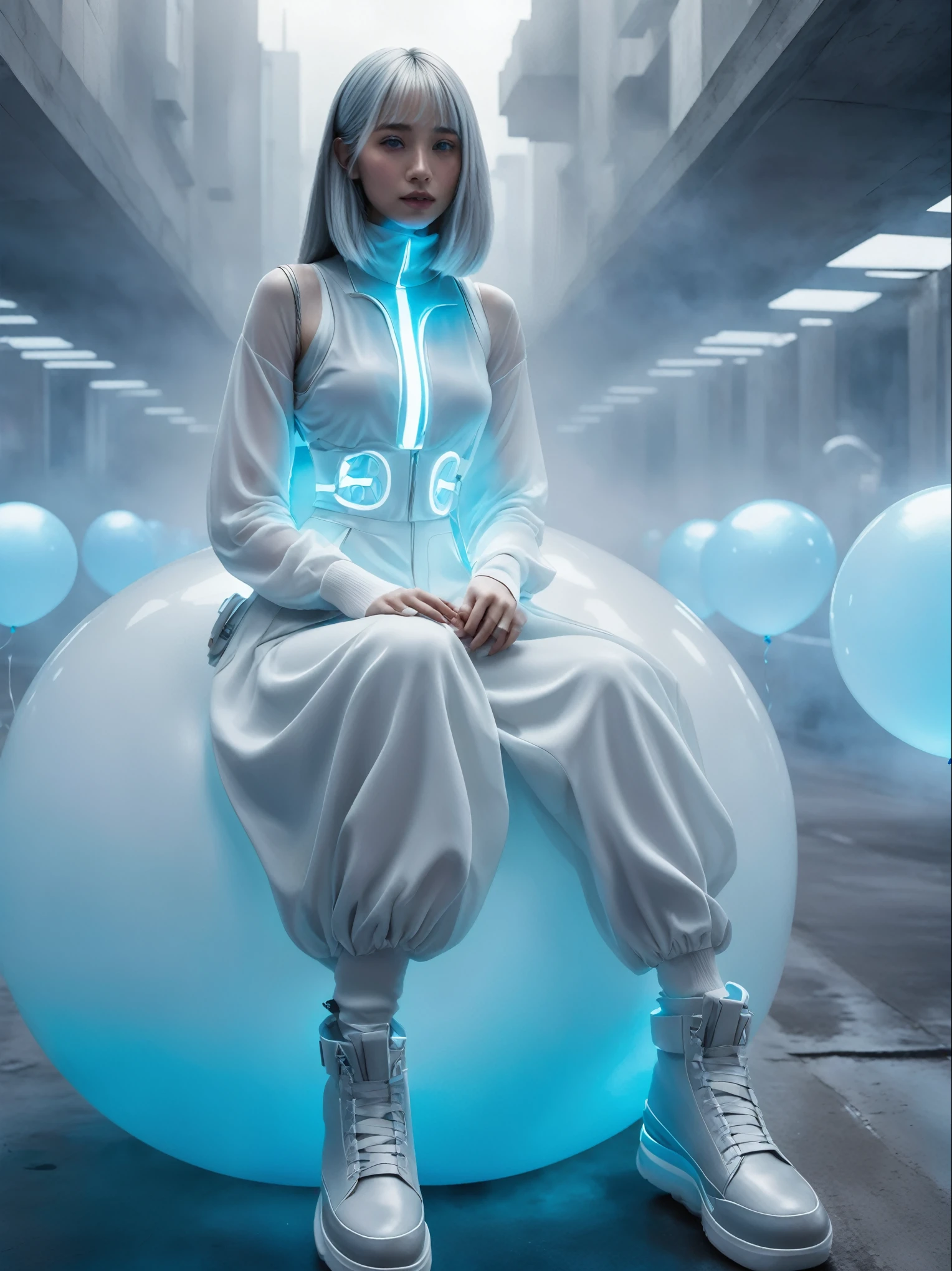 masterpiece, Best Quality, Realistic, In the dimly lit colony shrouded in white mist, she stands as a solitary fashion model. She is dressed in a cyber-themed outfit centered around the color white. She wears a high-neck, sleeveless top paired with a maxi skirt with a round silhouette, from which a large balloon extends at the waist. Neon-lit harnesses are connected to her outfit, creating a futuristic atmosphere.

With her silver hair and blue glowing eyes, she completes her look with high-cut sneakers accented with neon. Captured from a side angle, she sits and gazes ahead with a somewhat melancholic expression, hyper small head and face, wide Duck mouth, half open mouth, perfectly aligned teeth, perfect beautiful teeth, light blue eyes, half open eyes, shiny Droopy eyes, gray hair, looking other, She is situated within the interior of a futuristic colony, with mist drifting and steam rising from concrete