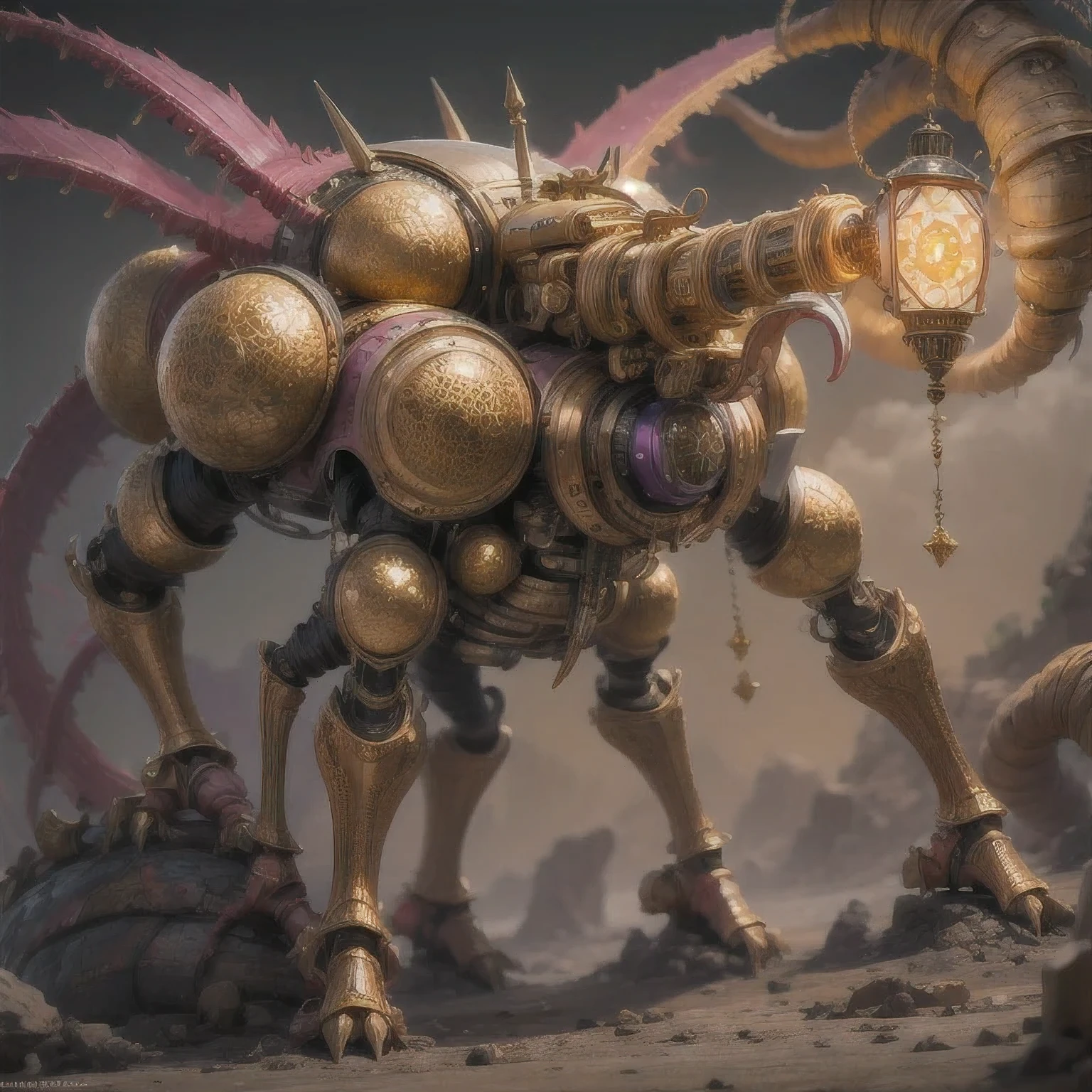 a close up of a golden spider with a purple-pink body and legs, steampunk spider, Mechanical spider red and white legs, arachnid, lolth, arachne, spider, steampunk robot scorpion, highly detailed barlowe 8 k, Bright orange legs large, sculpture made of gold, by Hiroyuki Tajima, full samurai armor spiderman, giger spider joker, insectoid,(((Degenerator )))