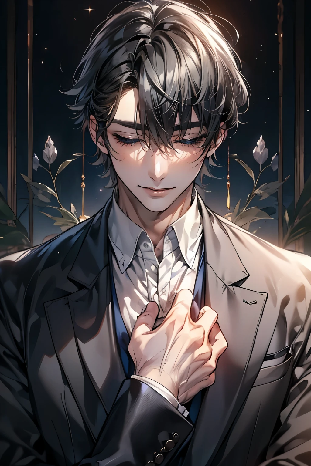 (Mastepiece), (Best Quality), Very detailed, ((Two Men:1.5)), Perfect Face, Beautiful Face, Very detailedな顔，(Black-haired man:1.3)，(Grey-haired man:1.3)，suit，shirt，Close ~ eyes