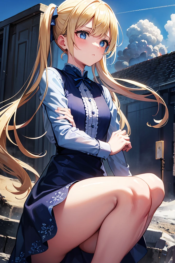 masterpiece, best quality, Bubbles, blue dress, blonde pigtails, pretty face, insanely detailed eyes, intense look, fighting pose, destroyed city, distant fires, rising smoke,