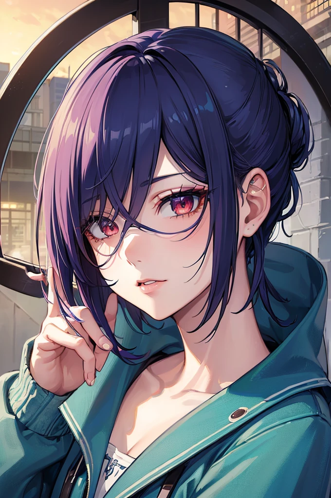 (masterpiece,detailed,highres:1.4) , model shot, close up, detailed face, fine detailed eyes,, (kirishima touka),blue middle hair,ghoul  eye,retro jacket,Tokyo Ghoul,retrofuturism background, vibrant colours, hdr,, ,