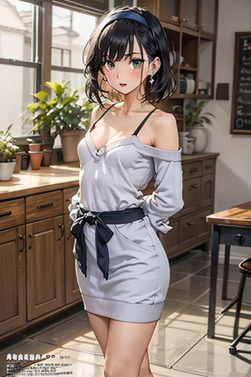 (small breasts:1.3), (perky chest:1.1), (pointed chest:1.0), (fashion magazine cover:1.3),(from below:1.0),(from side:0.9),masterpiece, 1girl, Amazing Cleavage:1.1, thin waist, big ass, Raised sexy, small breast: 1.3, posed cleavage:1.2、solo, looking at viewer, open mouth, have a cute grass of cute beergrass,black hair, dark green eyes, dress, bare shoulders, jewelry, collarbone, sidelocks, hairband, earrings, indoors, off shoulder, :o, sweater, arms behind back, plant, short hair with long locks, gild hairband, off-shoulder dress, sweater dress, off-shoulder sweater, red sweater, dark gord hair, big side hair, very long side hair,is rendered in (masterpiece: 1.2, best quality), with (ultra high resolution) and an exquisite (depth of field). This masterpiece is not only visually stunning but also tells,A scene of cooking in the kitchen by classroom