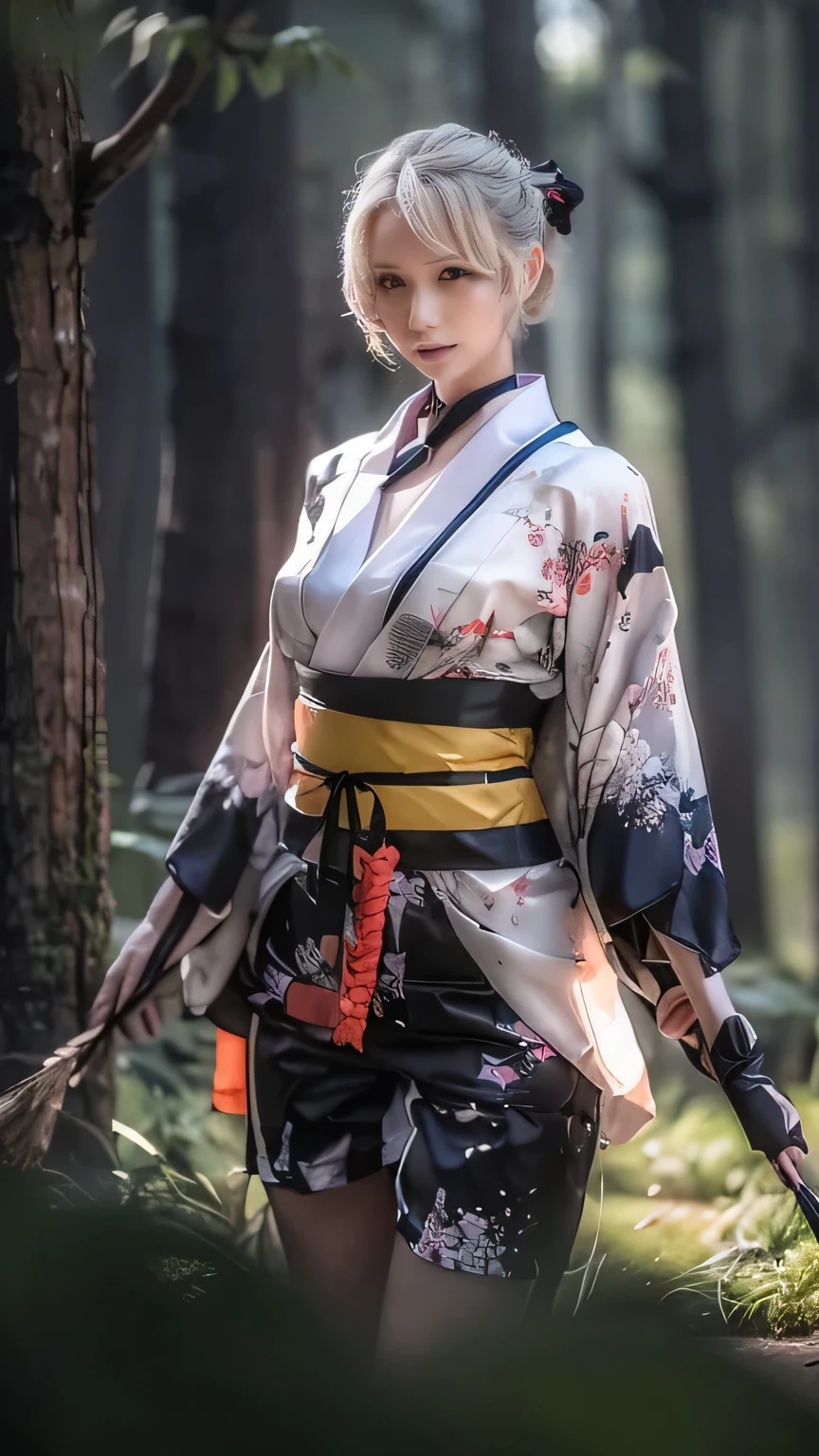 ((Forest background:1.5)、Female ninja fighting in the forest)、(Realistic、Like a photograph、Live Action、8k, Photorealistic, RAW Photos, Best image quality: 1.4), Single-lens reflex camera、RAW Photos, highest quality, Realistic, Highly detailed CG Unity 8k wallpaper, Written boundary depth, Cinematic Light, Lens flare, Ray Tracing, Realistic background、((waso:1.5、kimono、ninjya:1.3、kunoichi:1.4)、Sexy Ninja:1.37、Get into a fighting stance:1.3、Ninjutsu activation:1.2、Trained abdominal muscles、Cleavage、Big Breasts)、Grey Hair、short hair、Standing in the forest、Night Village、((Ultra-dense skin))、 1 girl,Cute Kunoichi、((whole body:1.5),Looking at the audience:1.1、Glare、I like that style、Pay attention to the details、The perfect outfit、(White skin)、An accurate portrait、Accurate Arm、Accurate feet、Beautiful legs、Precise thighs、View from the front